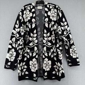 Strazzi Cardigan Sweater Women Medium Black White Floral Retro Dark Coquette